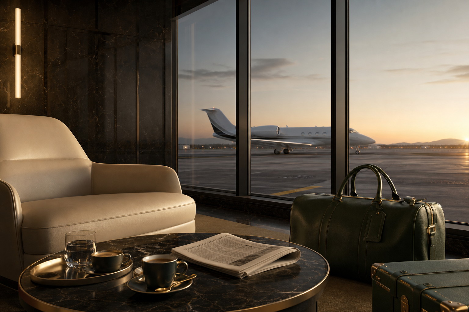 Executive aviation lounge at dawn