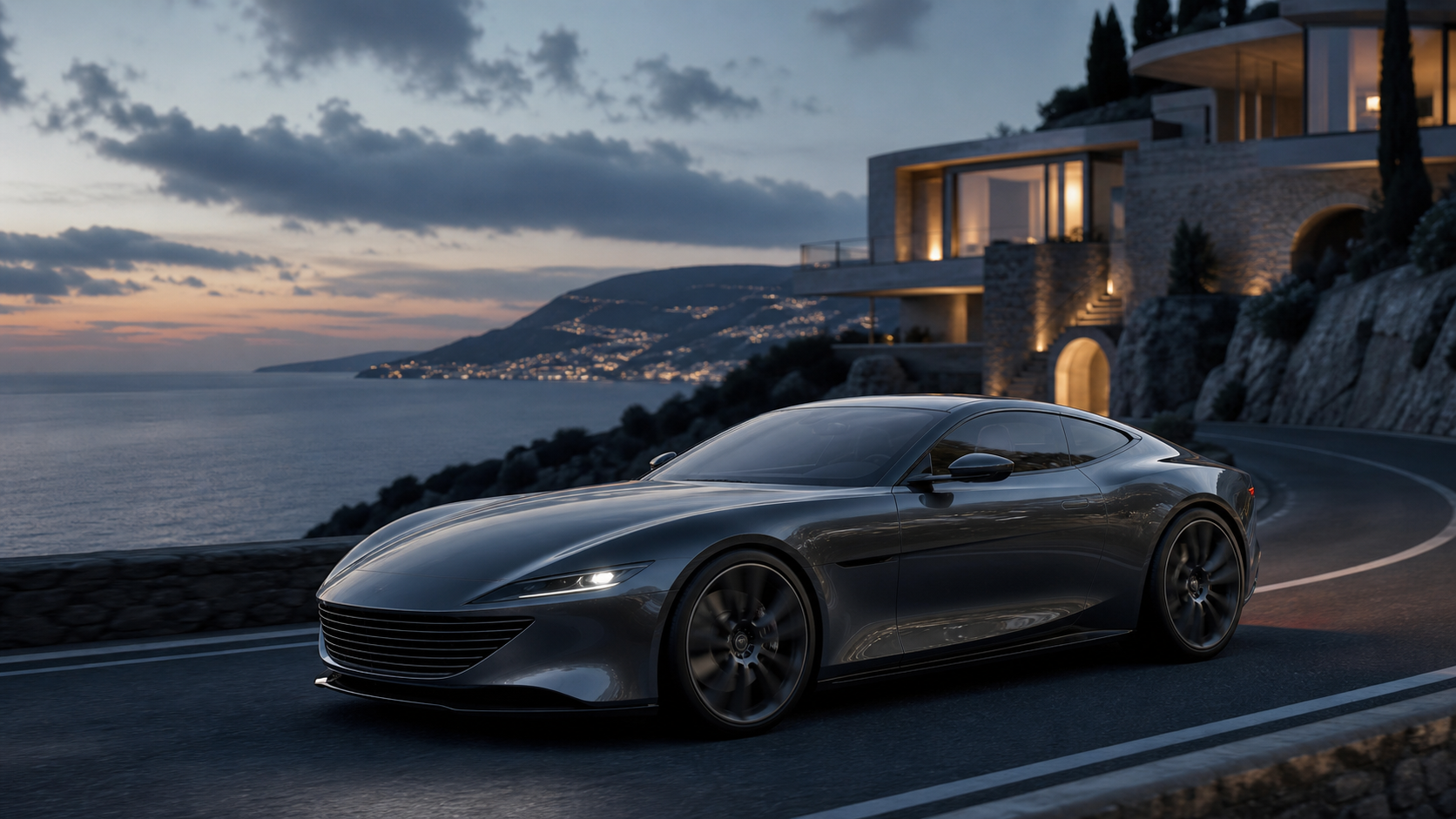 Grand touring car on a European coastal road